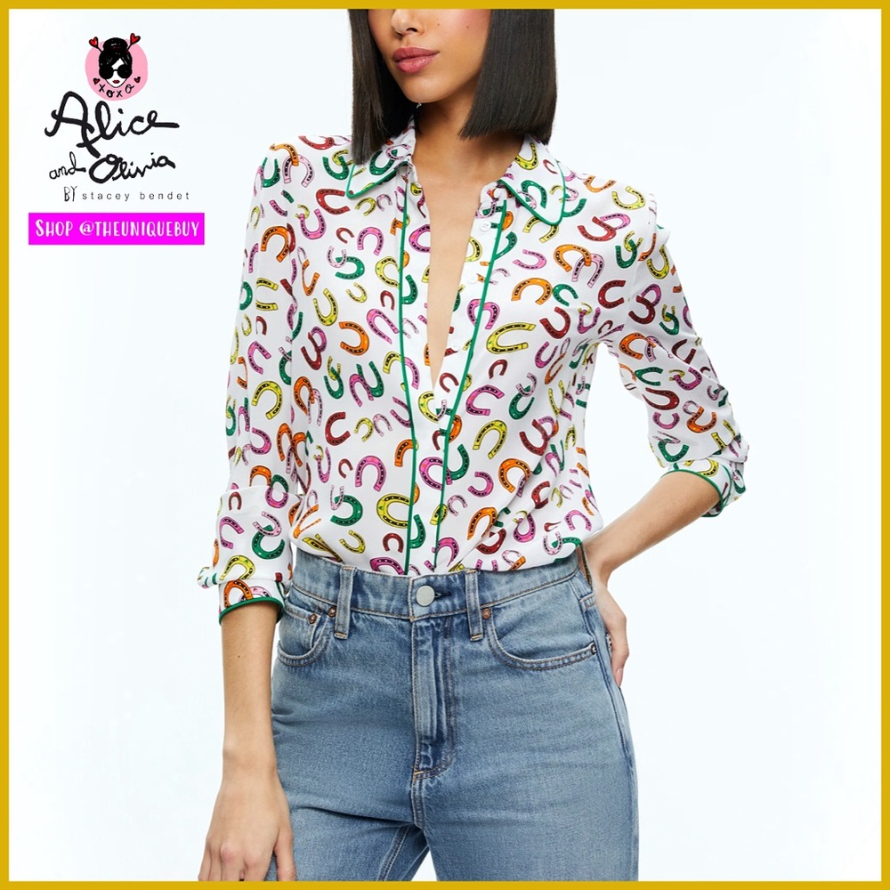 Alice + Olivia Willa Multicolored Placket Top With Piping